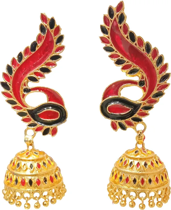 Assamese_Traditional_Copper_Gold_Plated_Red_Black_Color_Mayur_Design_Jhumki_Earring_For_Girls_&_Women